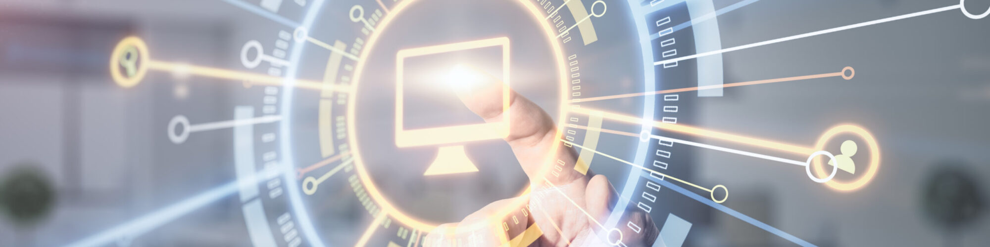 Cloud technology system concept with human finger on digital screen with cloud sign and internet service icons. Double exposure. Cloud technology system concept with human finger on digital screen with cloud sign and internet service icons. Double exposure