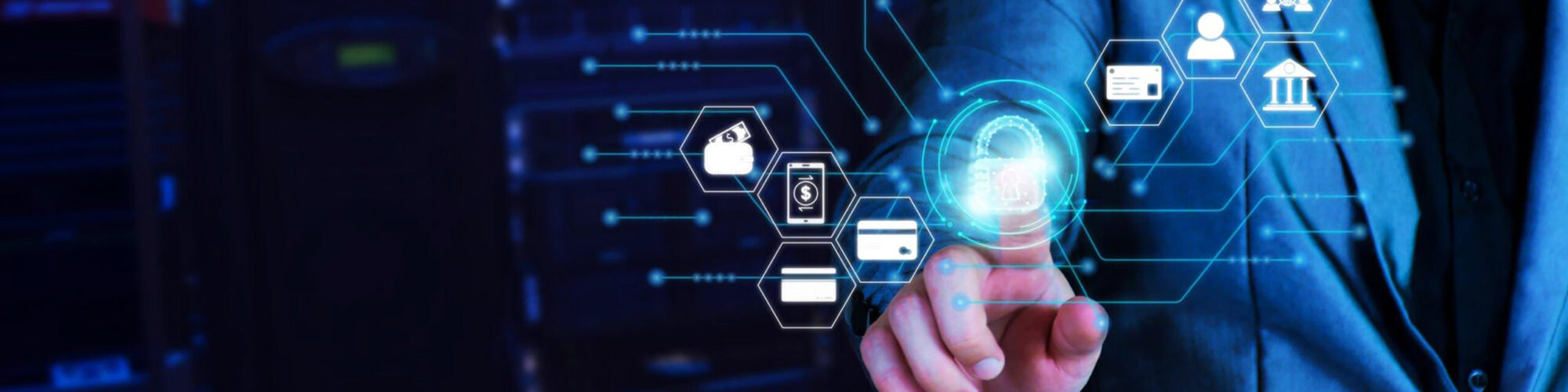 Cyber security concept. business man touching lock icon on virtu Cyber security concept. business man touching lock icon on virtual screen, protect personal data, protect financial transactions, cyber security, internet secure, future metaverse, work from home