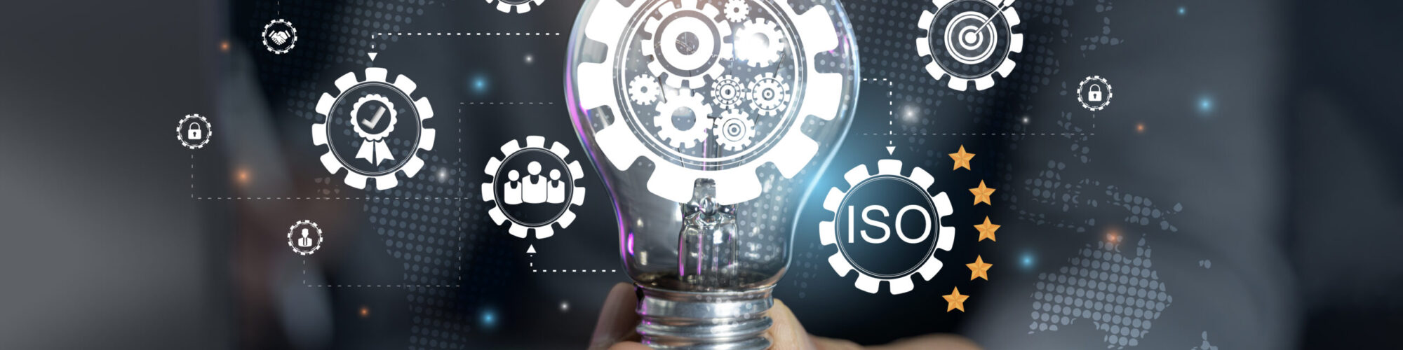 Businessman working with computer service. Quality assurance. Warranty. Standard. Quality control concept, ISO standard, warranty on dark background. The concept of cogs and gear wheel mechanisms.