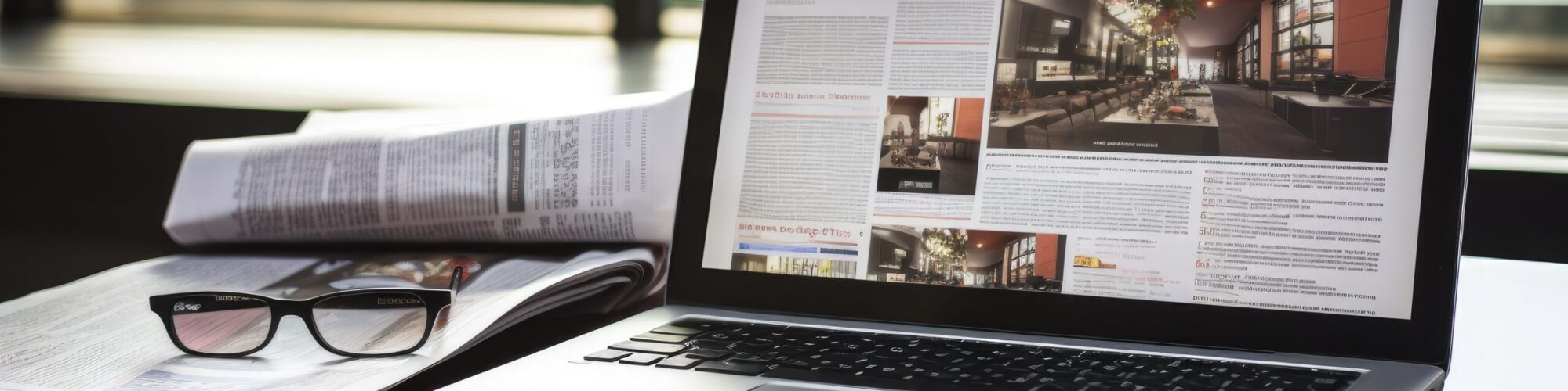 Laptop Computer on Wooden Desk for Productivity and Work, Laptop Laptop Computer on Wooden Desk for Productivity and Work, Laptop and newspapers on the table are seen in a close-up, illustrating a business concept, AI Generated